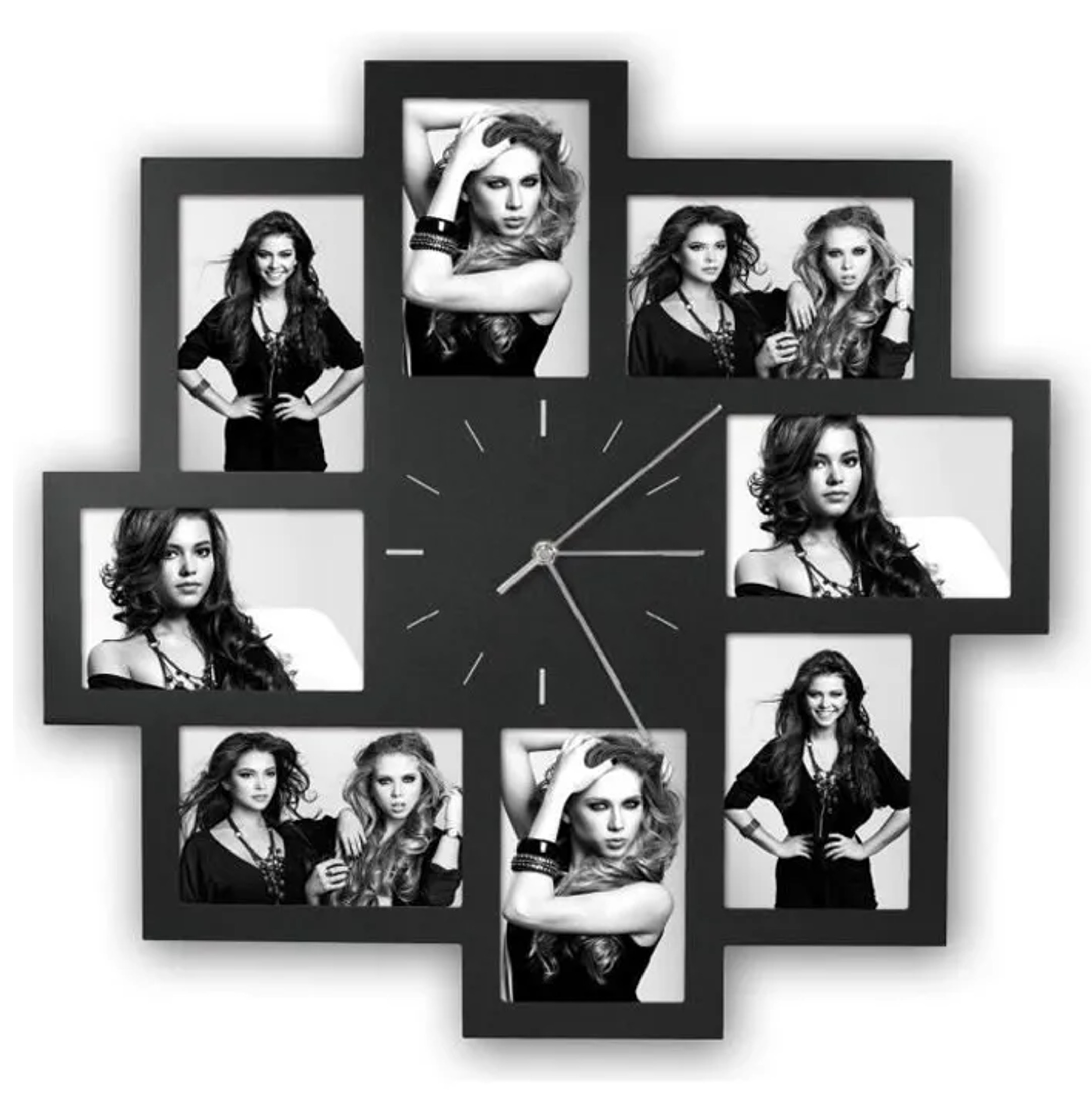 Horloge 8 Photos en bois - Noir