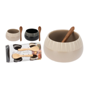 Set de 2 bols en faïence + 2 cuillères en bois