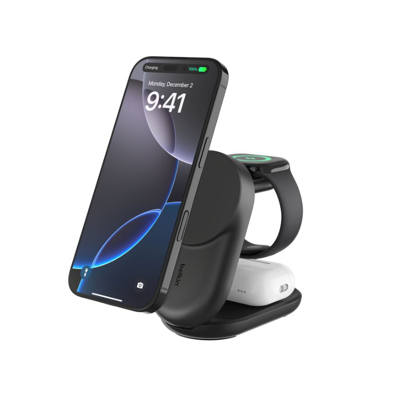 Socle de recharge 3-en-1 aimanté et pliable avec Qi2 25 W - Noir
